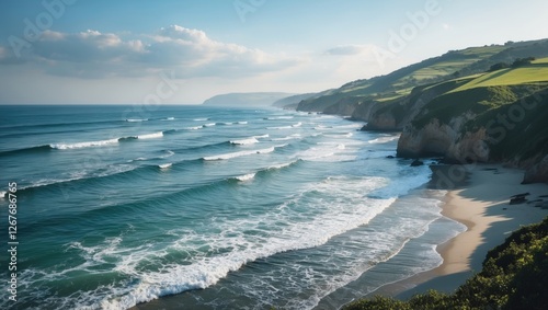 Coastal Landscape with Gentle Waves and Lush Green Hills Under Clear Blue Sky Perfect for Travel and Nature Themes