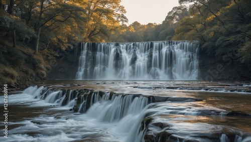 Serene Waterfall Cascading Over Rocks Surrounded By Lush Greenery With Space For Text Overlay During Daylight