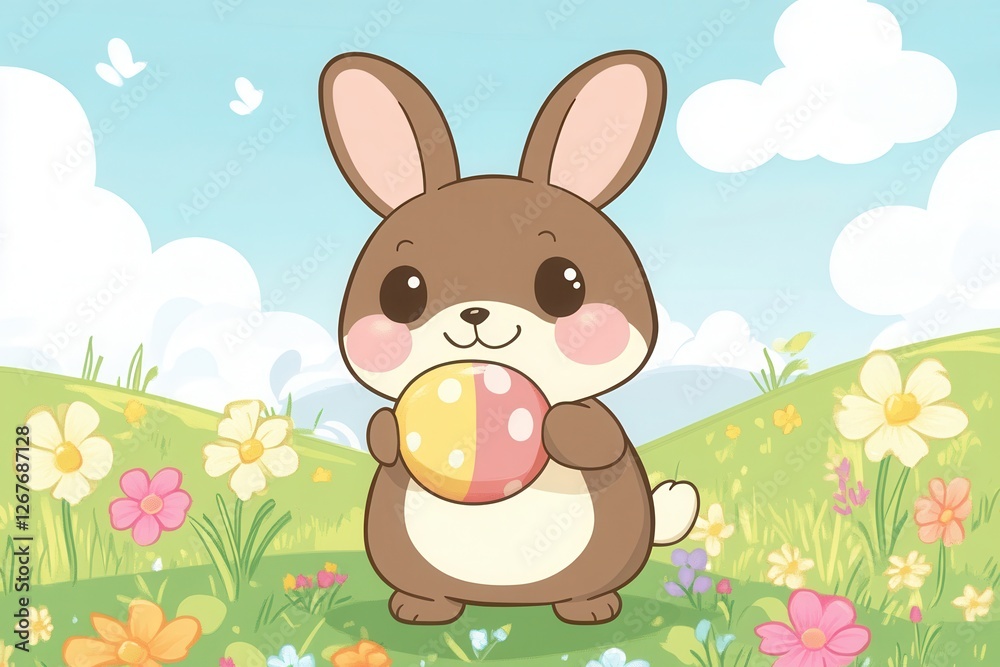Fototapeta premium A cheerful cartoon bunny is joyfully holding a colorful egg amidst a vibrant green field under a clear blue sky.