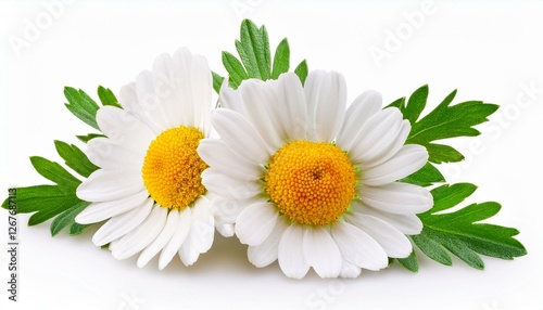 chamomile flower isolated on white or background camomile medicinal plant herbal medicine two chamomile flowers with green leaves