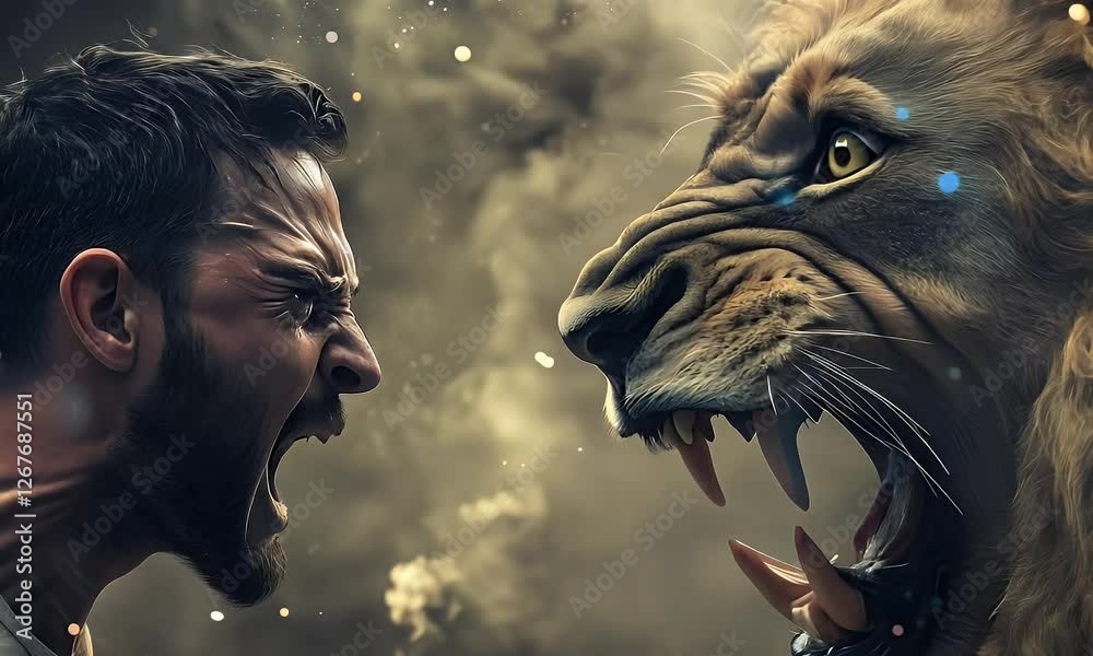 A angry man fighting with a lion potrait face to face, screaming, flames and flying sparks