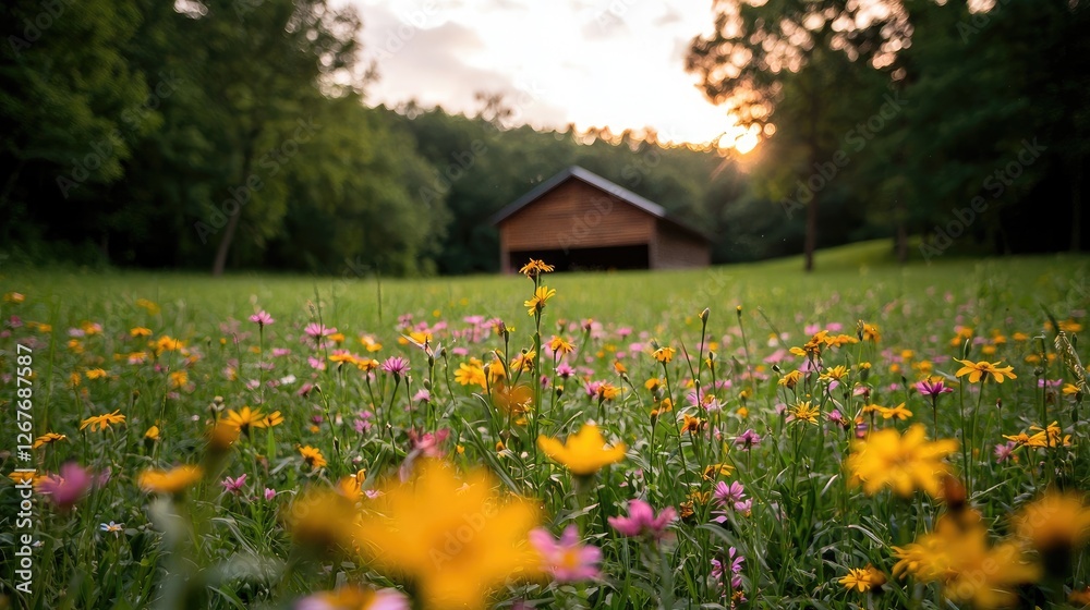 Obraz premium Bright Wildflower Meadow with Wooden Barn during Sunset in Nature