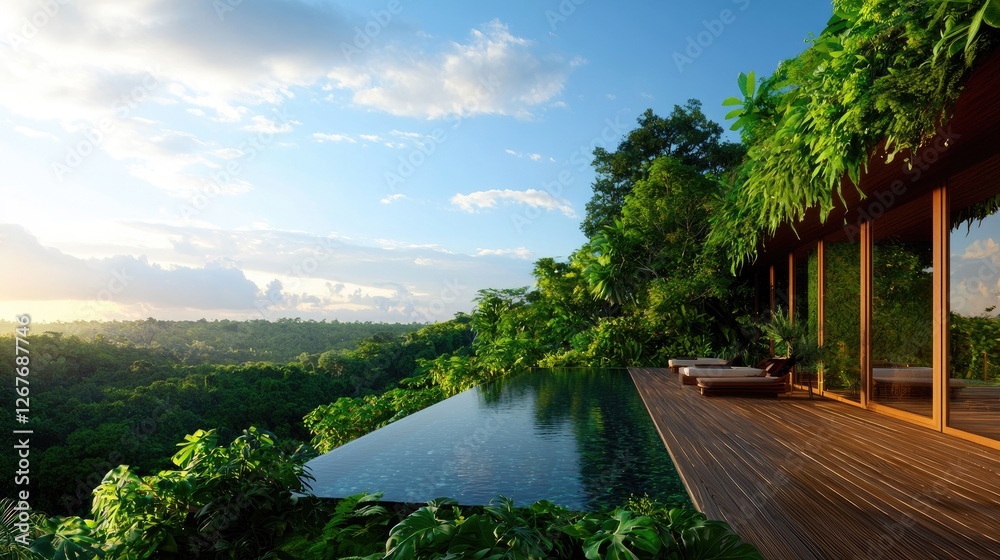 Fototapeta premium Serene Modern Villa with Infinity Pool Surrounded by Lush Nature