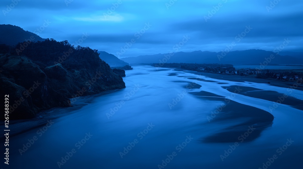Fototapeta premium A serene landscape featuring a winding river at dusk, surrounded by dark cliffs and soft clouds, This image captures tranquility, ideal for nature articles, relaxation themes, or travel promotions,