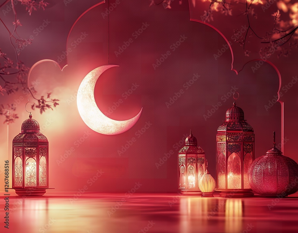 Fototapeta premium Ramadan Festive Background Crescent Moon Lit Lanterns Islamic Decorations