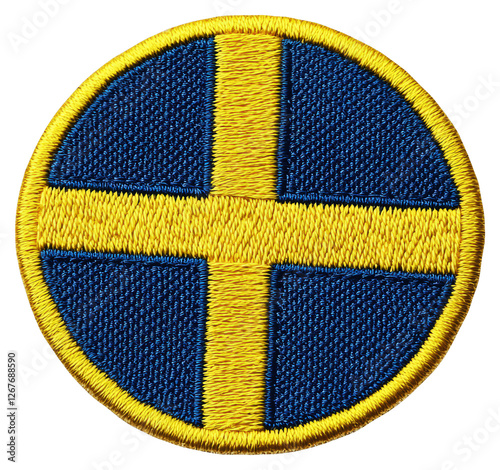 Embroidered Circle Patch of Swedish National Flag with Blue and Yellow Colors photo