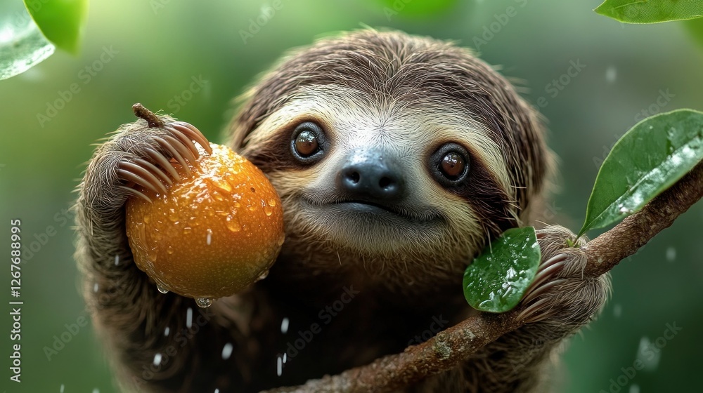 Fototapeta premium Adorable sloth holding fruit in rainforest