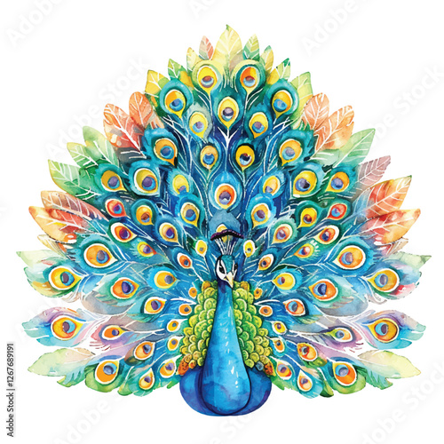 A colorful peacock feather spread out cartoon style watercolor