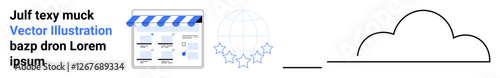 Digital storefront with awning, globe surrounded by stars, and cloud instance highlighting online commerce. Ideal for e-commerce platforms, global business, cloud services, international market