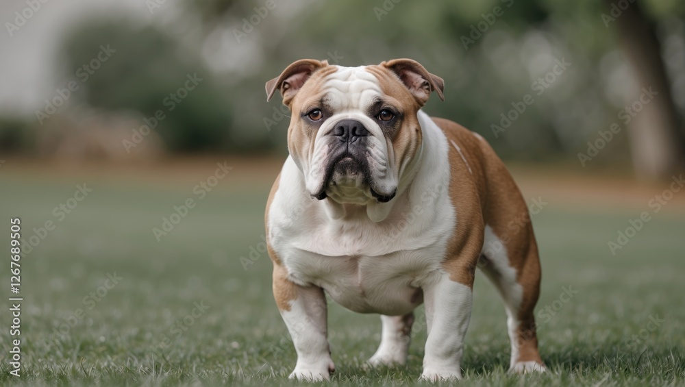 American Bulldog Standing Confidently on Grass with Space for Text in Outdoor Environment