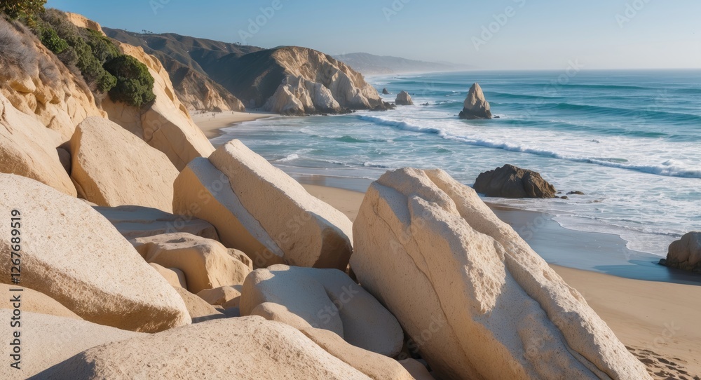 Beige Rock Formation at Point Dume Overlooking Zuma Beach with Gentle Waves and Coastal Landscape in Sunny Conditions Beige Rock Formation at Point Dume Overlooking Zuma Beach with Gentle Waves and Coastal Landscape in Sunny Conditions