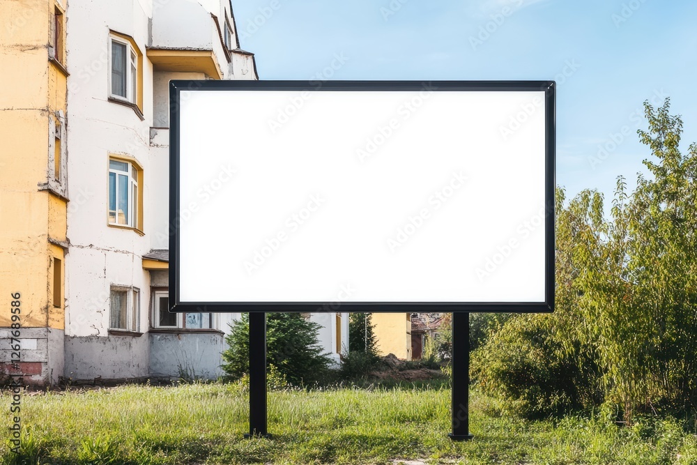 Blank real estate sign in front of new house awaiting buyers in a suburban area Blank real estate sign in front of new house awaiting buyers in a suburban area