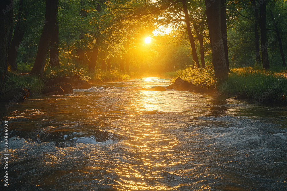 Fototapeta premium Golden Hour Cascade, Sunlight's Embrace Over Tranquil River Flow