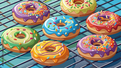 Delicious donuts topped with colorful sprinkles on a cooling rack. Vibrant dessert with creamy frosting perfect for sweet treats and indulgence
