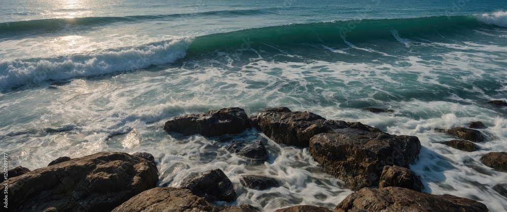 Fototapeta premium Scenic Rocky Beach with Clear Waves Ideal for Water Sports and Relaxation Featuring Ample Space for Text Overlay