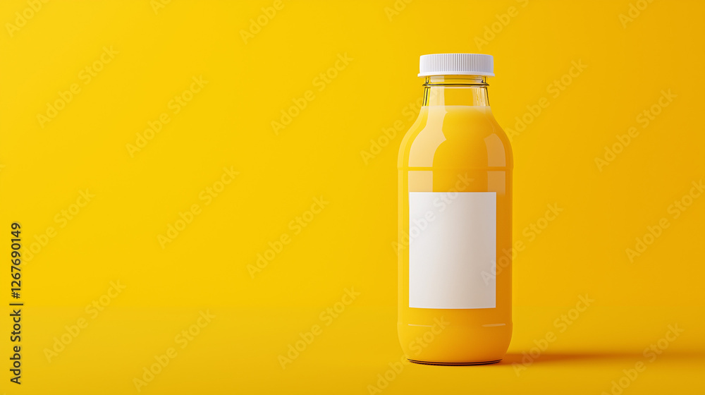 A realistic orange juice bottle mock-up with a horizontal white label, perfect for branding, packaging, and presentation design isolated on right orange background A realistic orange juice bottle mock-up with a horizontal white label, perfect for branding, packaging, and presentation design isolated on right orange background