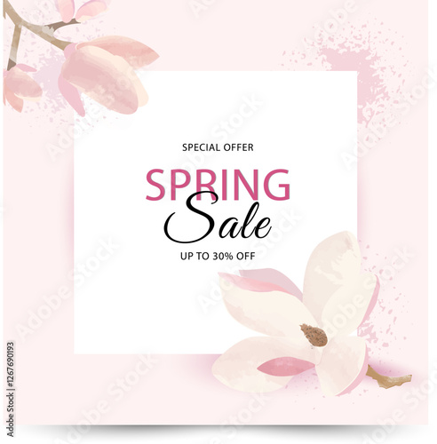 Spring sale on a pink background. Magnolia flowers. 30% discount. Vector 