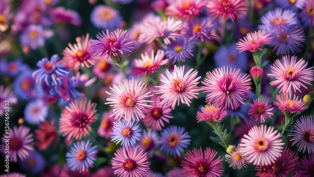 Vibrant aster flowers in shades of pink and purple creating a festive and natural background for floral designs and celebrations. Vibrant aster flowers in shades of pink and purple creating a festive and natural background for floral designs and celebrations.