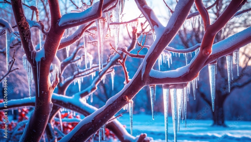 Frozen tree branches adorned with shimmering icicles on a serene winter day creating a magical icy landscape scene. Frozen tree branches adorned with shimmering icicles on a serene winter day creating a magical icy landscape scene.