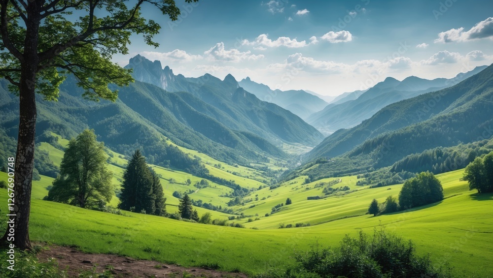 Serene Mountain Landscape with Lush Green Fields and Trees under a Blue Sky Perfect for Text Overlay or Inspiration Serene Mountain Landscape with Lush Green Fields and Trees under a Blue Sky Perfect for Text Overlay or Inspiration