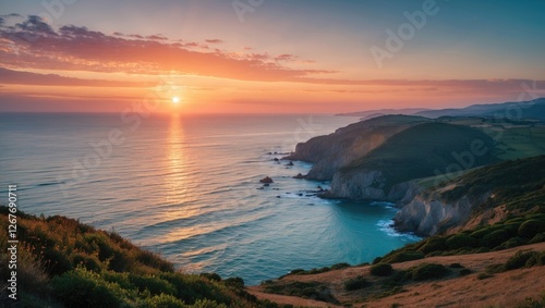 Serene Coastal Sunset Over Turquoise Waters with Rolling Hills and Vibrant Sky at Dusk
