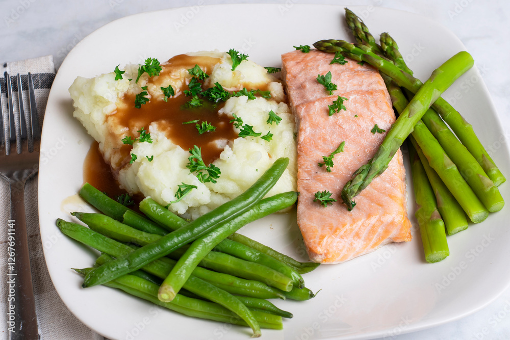 baked salmon with green beans, asparagus and mash potatoes baked salmon with green beans, asparagus and mash potatoes