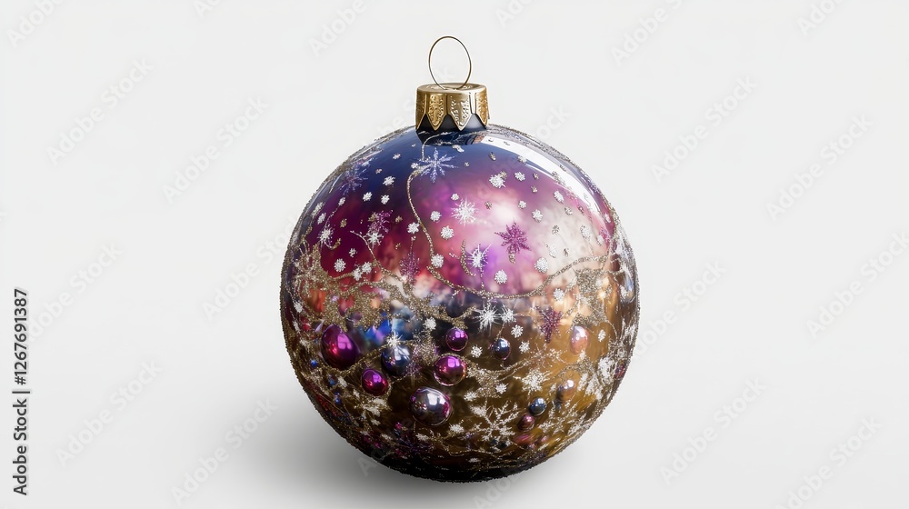 A Festive Christmas Ornament - A single, large Christmas ball, adorned with purple glass baubles and snowflake accents, symbolizes celebration, winter, tradition, joy, and festivity A Festive Christmas Ornament - A single, large Christmas ball, adorned with purple glass baubles and snowflake accents, symbolizes celebration, winter, tradition, joy, and festivity