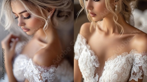Elegant Bridal Portrait: A Stunning Bride in a Lace Wedding Gown photo