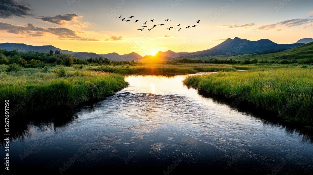 Fototapeta premium Majestic sunset over mountain stream with birds flying
