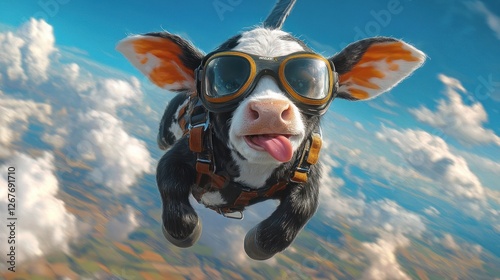 A playful black and white calf wearing parachuting goggles joyfully floats in the sky tongue flapping in the wind with ears flapping lively photo