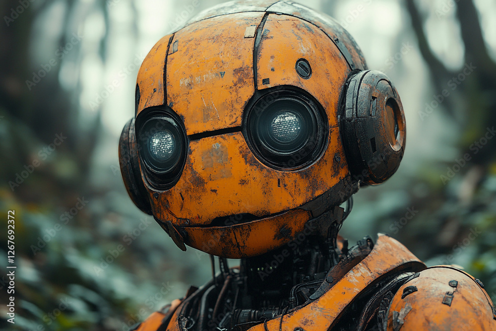 Weathered Automation, The Pensive Robot amidst Verdant Foliage Weathered Automation, The Pensive Robot amidst Verdant Foliage