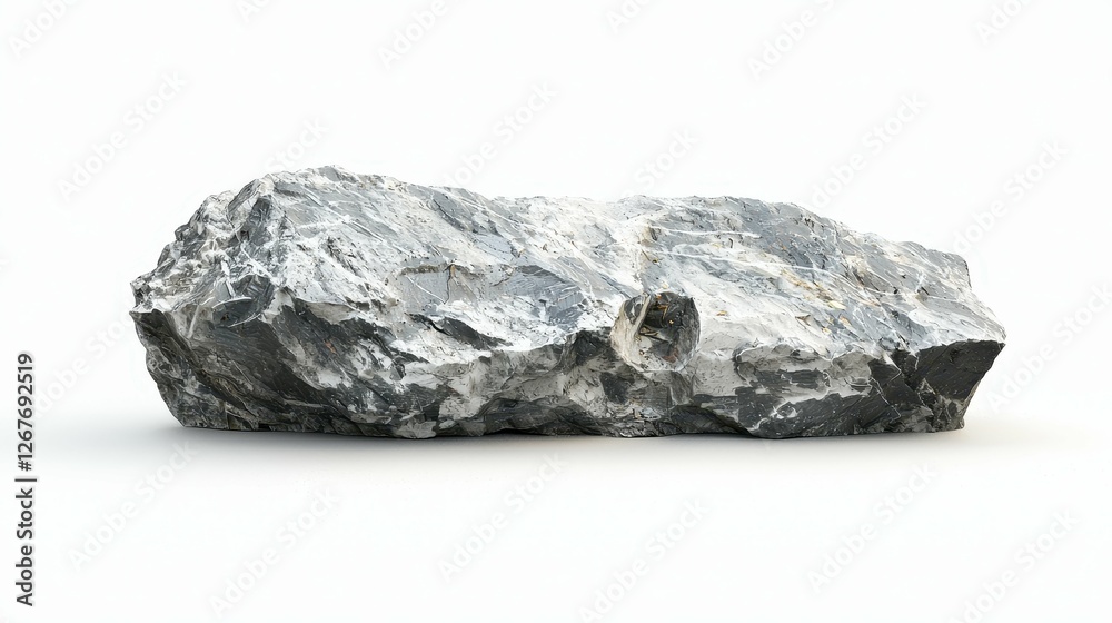 Fototapeta premium Grey Rocky Boulder Isolated Against White Neutral Background Scene