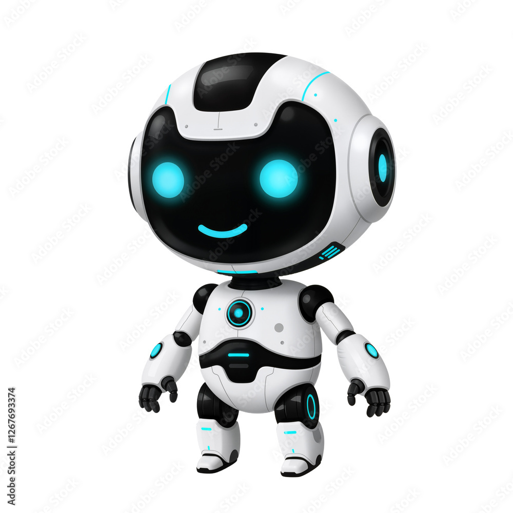 Futuristic cute robot, white body, black face, glowing blue eyes, PNG Format Futuristic cute robot, white body, black face, glowing blue eyes, PNG Format