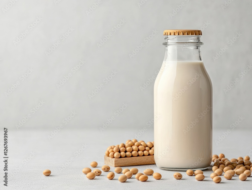 Soy milk in a bottle with soybeans scattered around. Soy milk in a bottle with soybeans scattered around.