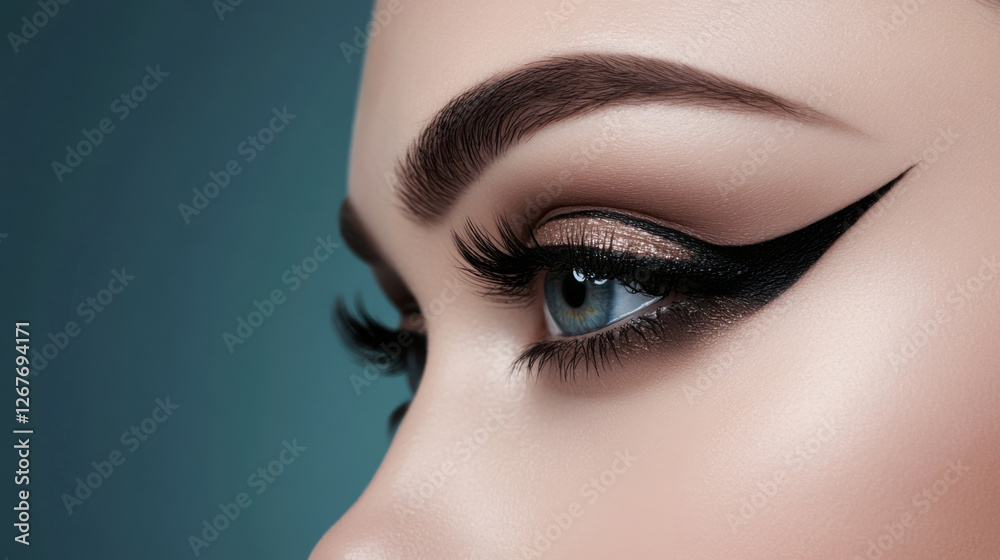 Glamorous evening makeup featuring dramatic eyeliner and long lashes, showcasing stunning eye look with focus on beauty and elegance Glamorous evening makeup featuring dramatic eyeliner and long lashes, showcasing stunning eye look with focus on beauty and elegance