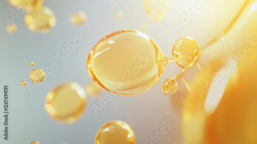 Futuristic skincare concept featuring Vitamin E molecules in oil droplets, showcasing their vibrant yellow color and smooth texture, ideal for beauty and wellness themes