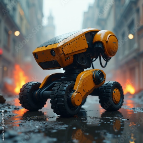 toy robot yellow body black wheels standing wet pavement buildings background robot appears motion moving high speed body robot has large head two antennas top wheels large black background blurred photo