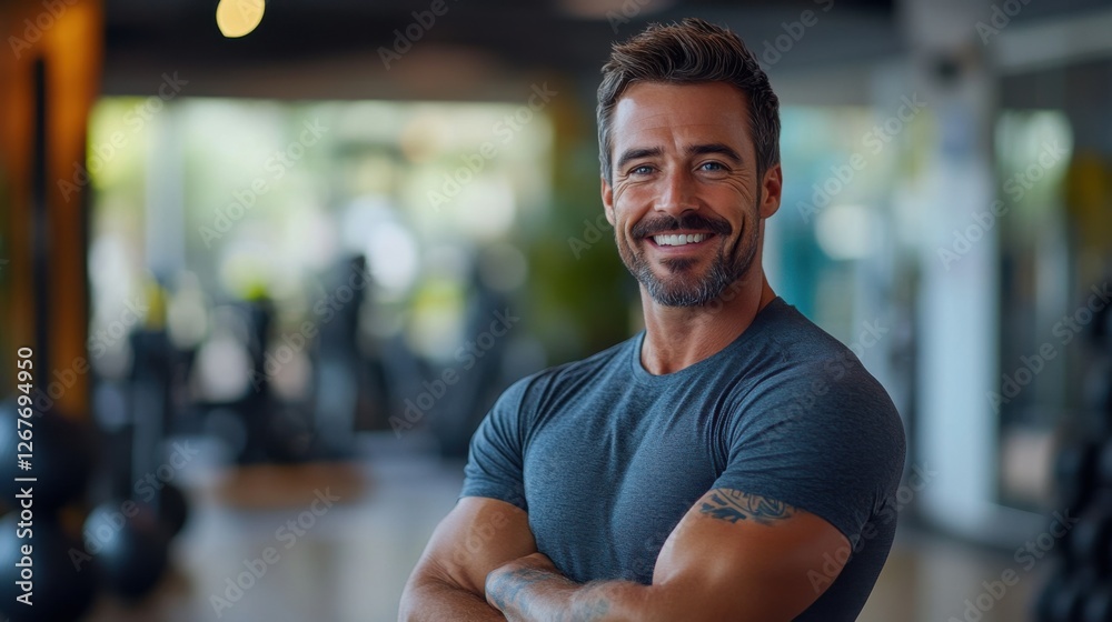 A smiling man in a vibrant workout outfit stands confidently in a brightly lit gym, surrounded by modern fitness equipment A smiling man in a vibrant workout outfit stands confidently in a brightly lit gym, surrounded by modern fitness equipment