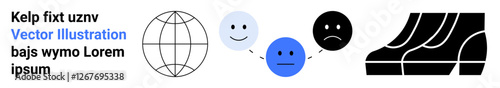 Globe with network, emotive faces, footsteps, and minimalist design symbolize global interaction, moods, and journeys. Ideal for connection, travel, emotions communication diversity exploration