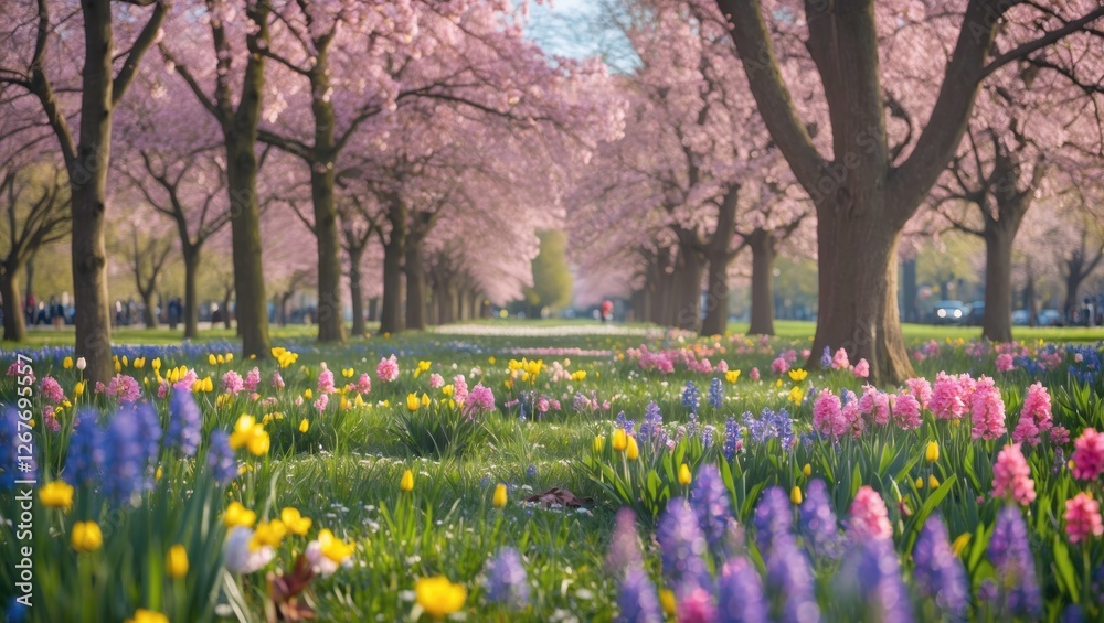 Fototapeta premium Vibrant Spring Flower Blossoms in a Park Setting with Soft Focused Pathway and Copy Space for Text or Design Elements