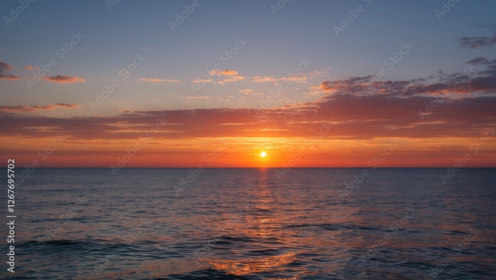 Serene Twilight Sunset Over Calm Ocean Water With Warm Colors And Clear Space For Text Overlay Serene Twilight Sunset Over Calm Ocean Water With Warm Colors And Clear Space For Text Overlay