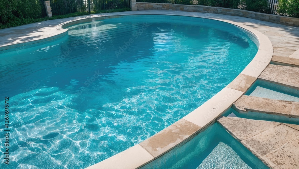 Serene Swimming Pool with Crystal Clear Blue Water and Natural Stone Surroundings Ideal for Summer Relaxation and Promotion Serene Swimming Pool with Crystal Clear Blue Water and Natural Stone Surroundings Ideal for Summer Relaxation and Promotion