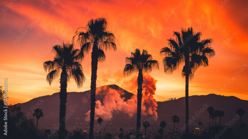 Obraz premium Realistic photo of palm trees against a vivid orange sunset with smoke rising over los angeles hills