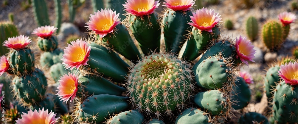 Vibrant Macro Shot of Blooming Cactus Flowers in Desert Landscape with Thorns and Succulent Greenery Vibrant Macro Shot of Blooming Cactus Flowers in Desert Landscape with Thorns and Succulent Greenery