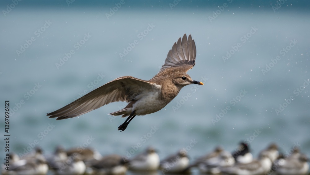 Bird in Flight Over Calm Water with Open Space for Text Placement and Soft Background Setting Bird in Flight Over Calm Water with Open Space for Text Placement and Soft Background Setting