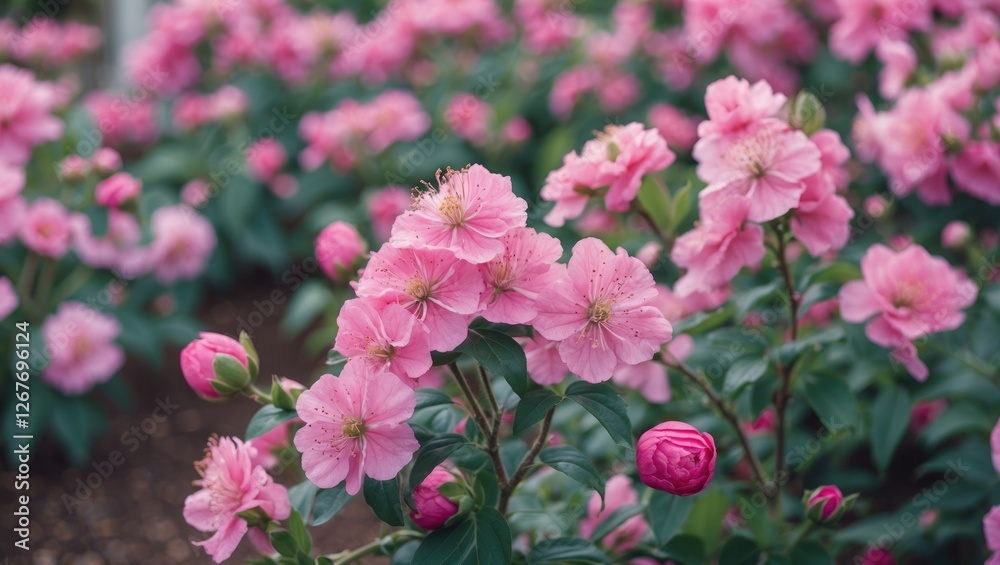 Vibrant Pink Flowers in Bloom Surrounded by Lush Greenery with Space for Custom Text and Messaging Ideal for Advertising and Marketing. Vibrant Pink Flowers in Bloom Surrounded by Lush Greenery with Space for Custom Text and Messaging Ideal for Advertising and Marketing.