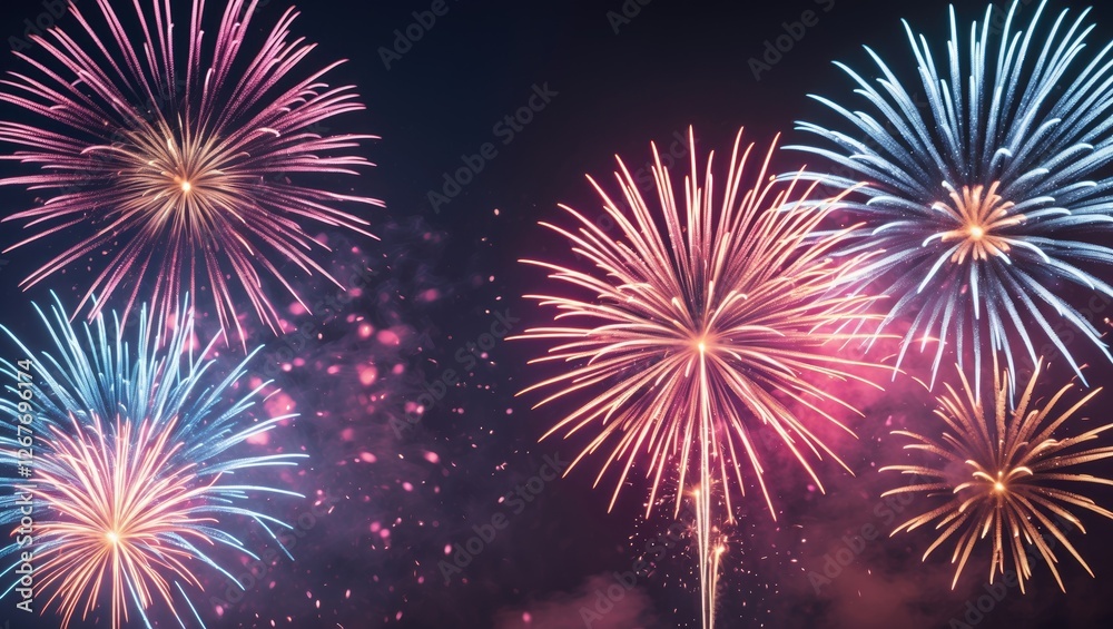 Naklejka premium Colorful Fireworks Display Background with Blurred Sparkles and Space for Text or Celebration Messages