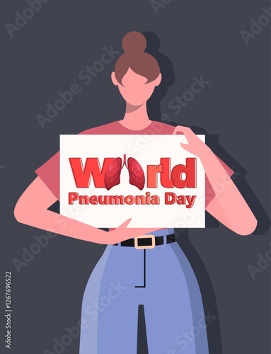  World Pneumonia Day. A young woman in casual clothes holds a banner in her hands with the inscription World Pneumonia Day. Vector illustration Not AI generated