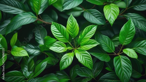 Lush green leaves texture with diverse shapes highlighting nature's beauty and vitality in a serene background.
