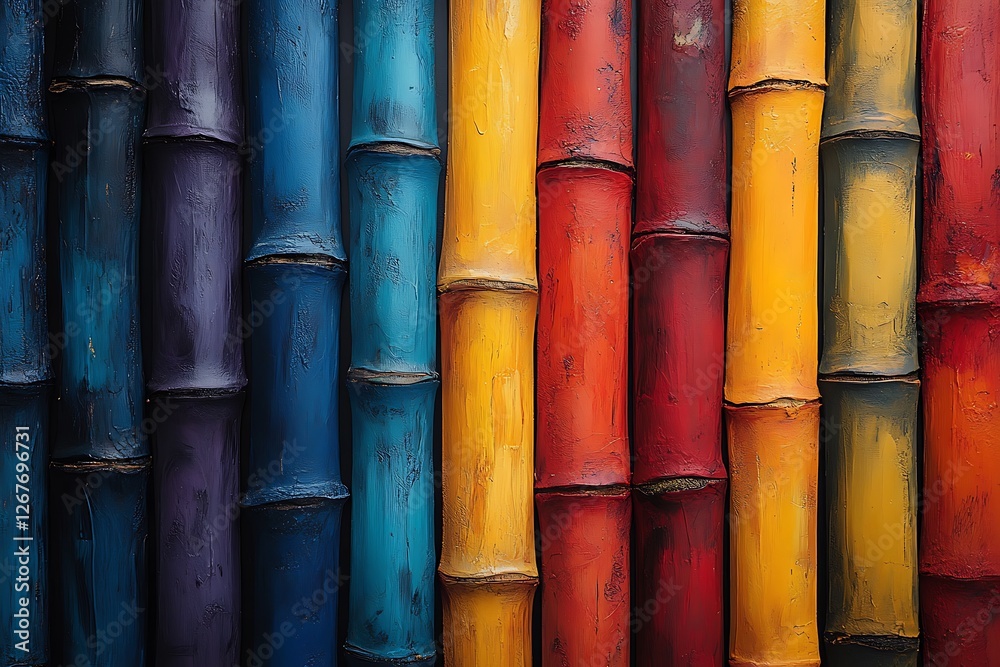 Vibrant bamboo stalks in various colors arranged in a striking vertical pattern Vibrant bamboo stalks in various colors arranged in a striking vertical pattern